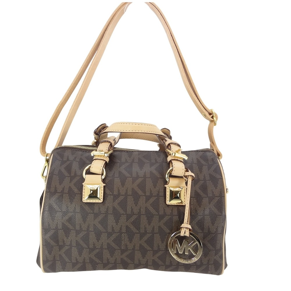 Michael Kors Satchel Bowling Bag Medium Brown Good Monogram Studded Crossbody